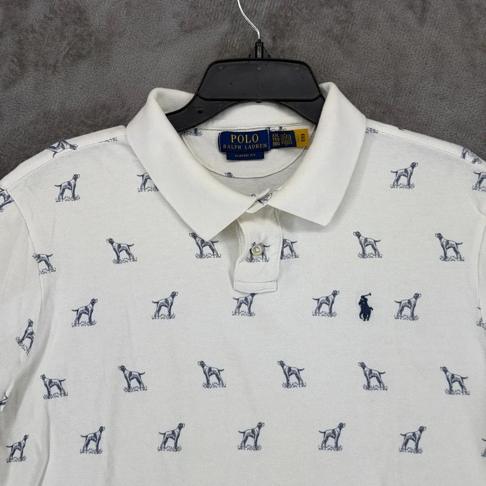 Polo Ralph Lauren Mens XXL White Pointer Dog Print‎ Classic Fit Polo Shirt
